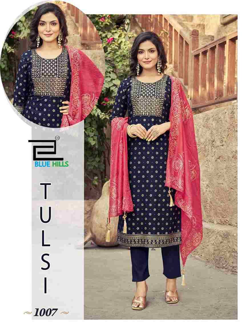 Tulsi By Blue Hills 1001 To 1007 Series Designer Suits Collection Beautiful Stylish Fancy Colorful Party Wear & Occasional Wear Rayon Foil Print Dresses At Wholesale Price