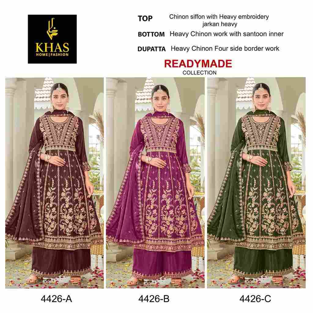 Khas 4426 Colours By Khas 4426-A To 4426-C Series Beautiful Pakistani Suits Colorful Stylish Fancy Casual Wear & Ethnic Wear Chinnon Chiffon Embroidered Dresses At Wholesale Price