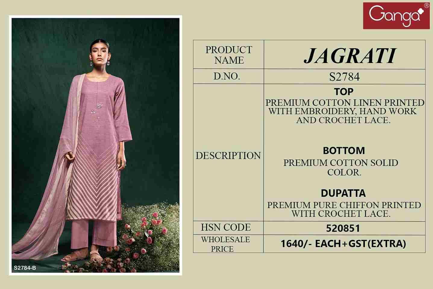 Jagrati-2784 By Ganga Fashion 2784-A To 2784-D Series Beautiful Festive Suits Colorful Stylish Fancy Casual Wear & Ethnic Wear Pure Cotton Linen Dresses At Wholesale Price