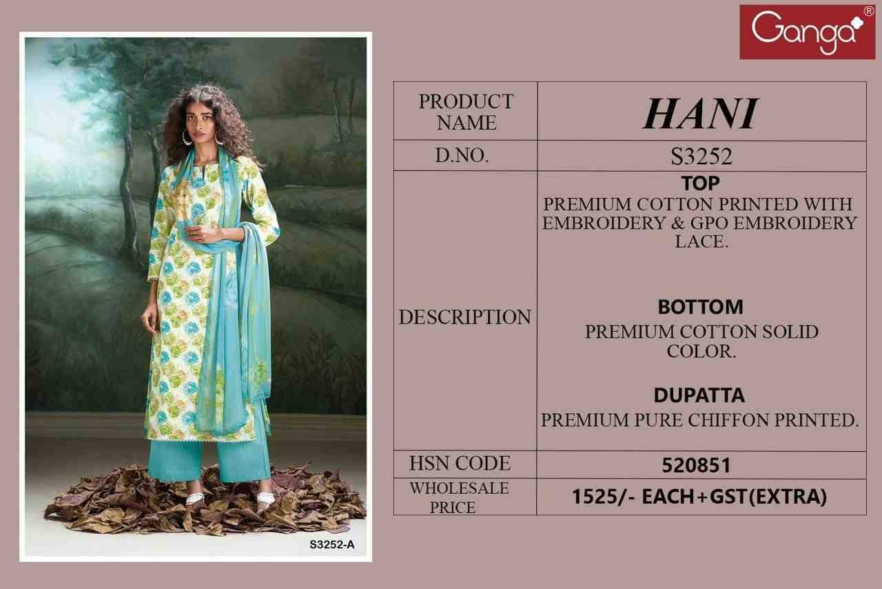 Hani-3252 By Ganga Fashion 3252-A To 3252-B Series Beautiful Festive Suits Colorful Stylish Fancy Casual Wear & Ethnic Wear Pure Cotton Print Dresses At Wholesale Price