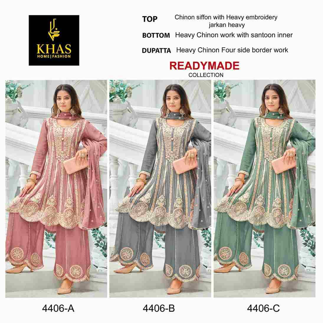 Khas 4406 Colours By Khas 4406-A To 4406-C Series Beautiful Pakistani Suits Colorful Stylish Fancy Casual Wear & Ethnic Wear Chinnon Chiffon Embroidered Dresses At Wholesale Price