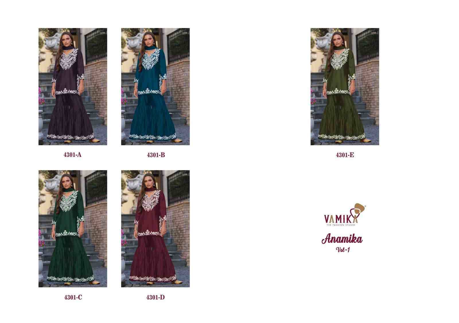 Anamika Vol-1 By Vamika 4201-A To 4201-E Series Designer Sharara Stylish Fancy Colorful Beautiful Party Wear & Ethnic Wear Collection Chinnon Dresses At Wholesale Price