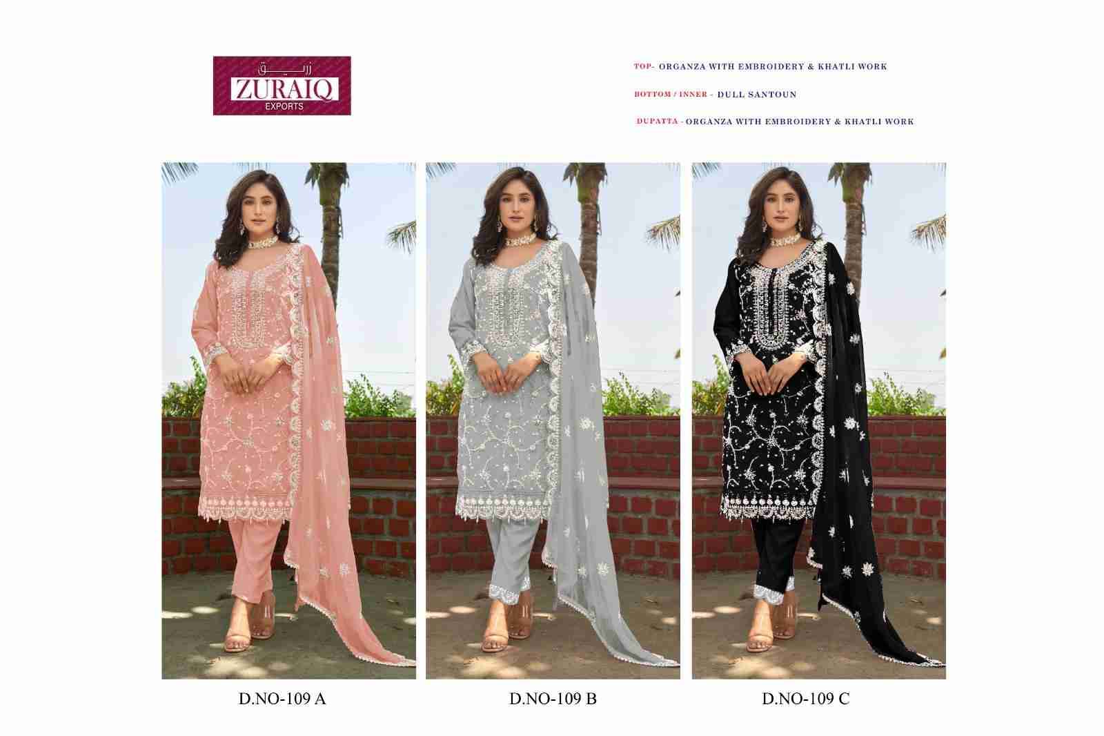 Zuraiq 109 Colours By Zuraiq 109-A To 109-C Series Pakistani Stylish Beautiful Colourful Printed & Embroidered Party Wear & Occasional Wear Organza Dresses At Wholesale Price