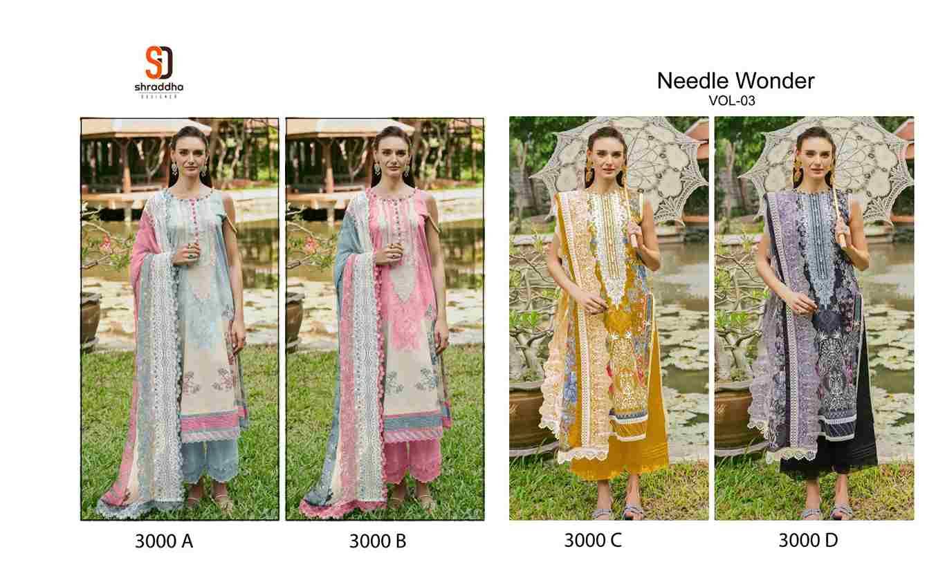 Needle Wonder Vol-2 By Shraddha Designer 3000-A To 3000-D Series Beautiful Pakistani Suits Colorful Stylish Fancy Casual Wear & Ethnic Wear Pure Cotton Embroidered Dresses At Wholesale Price