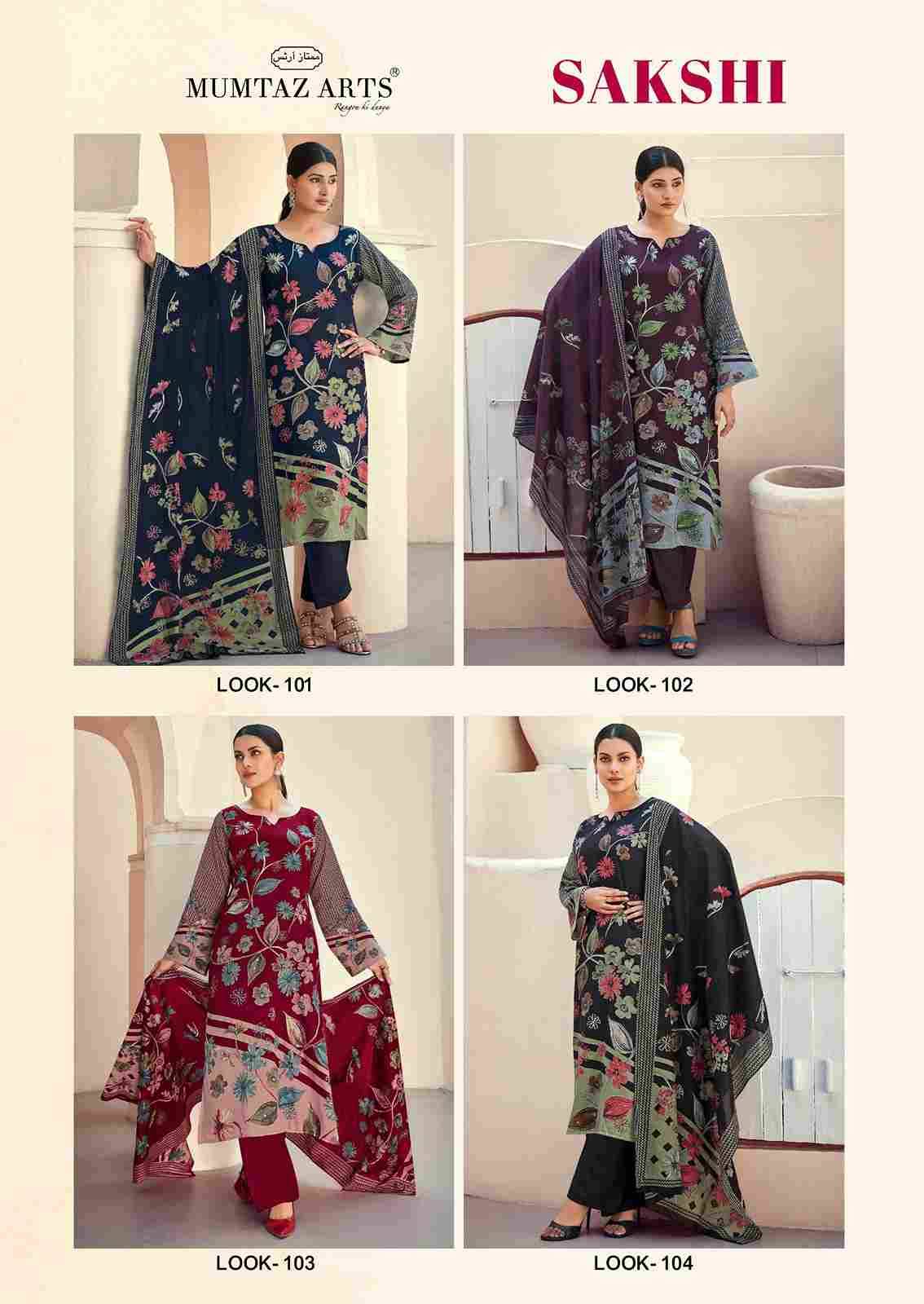 Sakshi By Mumtaz Arts 101 To 104 Series Beautiful Festive Suits Colorful Stylish Fancy Casual Wear & Ethnic Wear Pure Jam Satin Print With Work Dresses At Wholesale Price