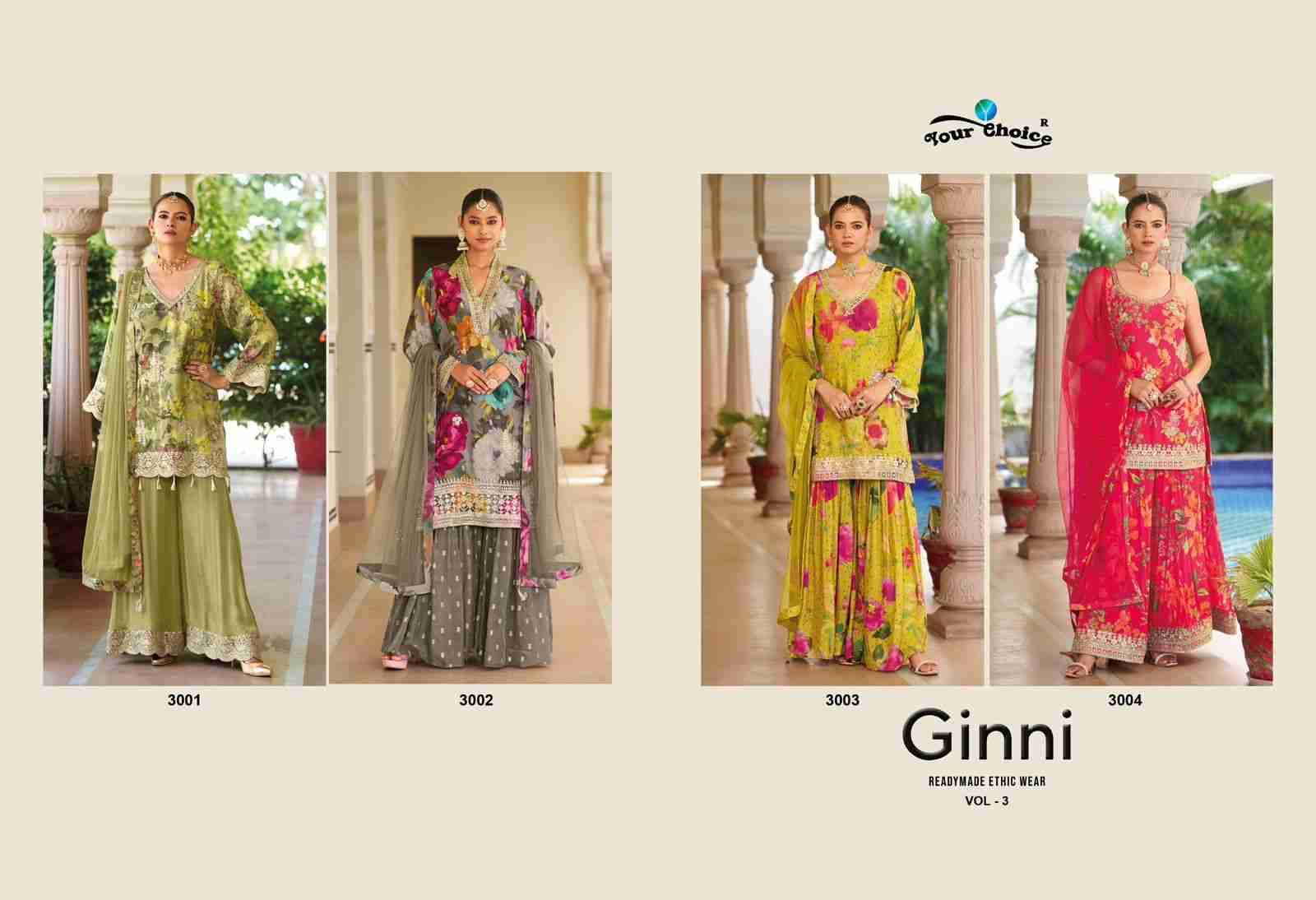 Ginni Vol-3 By Your Choice 3001 To 3004 Series Designer Sharara Suits Beautiful Fancy Colorful Stylish Party Wear & Occasional Wear Heavy Chinnon Dresses At Wholesale Price