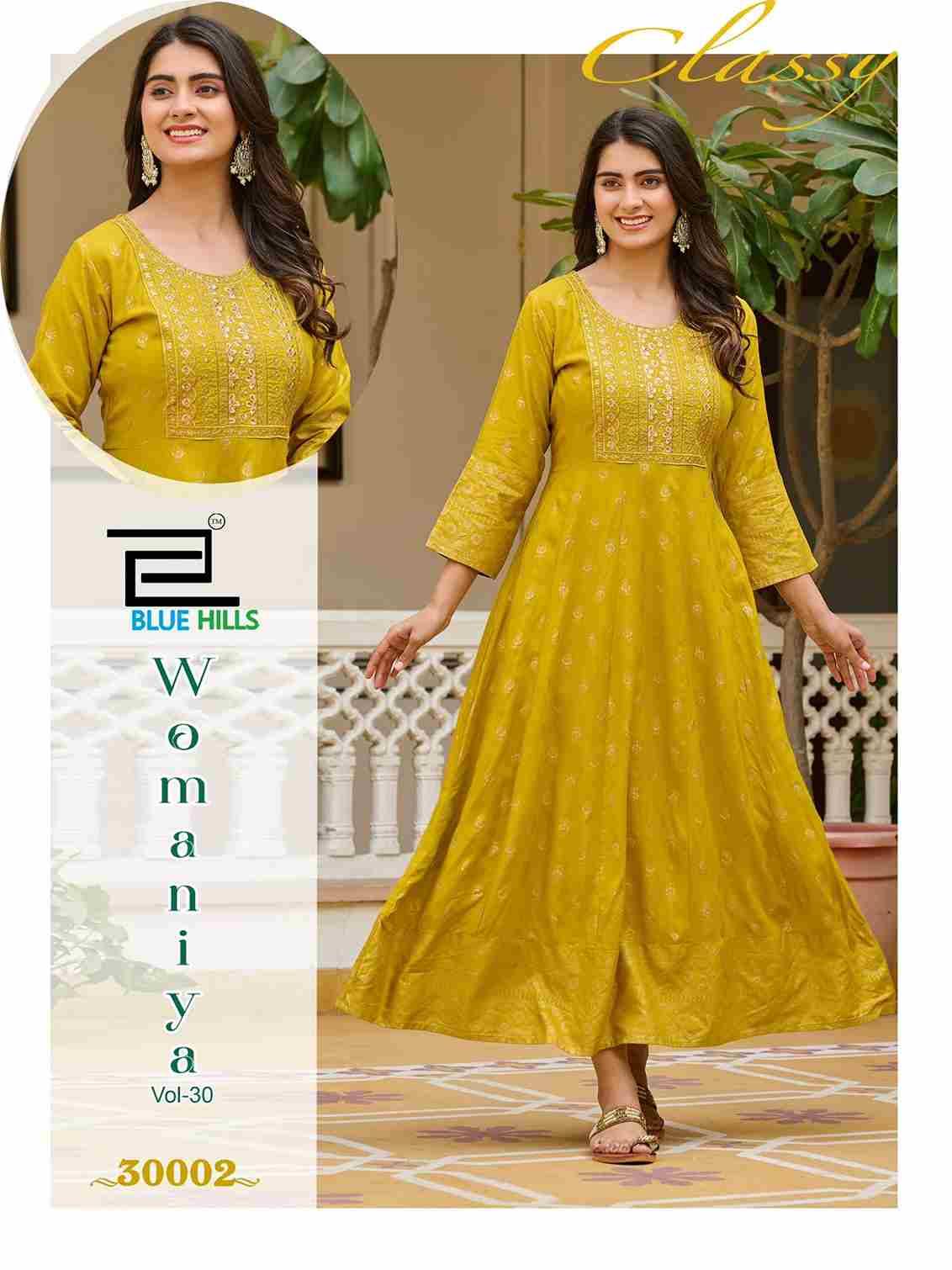 Womaniya Vol-30 By Blue Hills 30001 To 30008 Series Beautiful Stylish Fancy Colorful Casual Wear & Ethnic Wear Rayon Foil Gowns At Wholesale Price