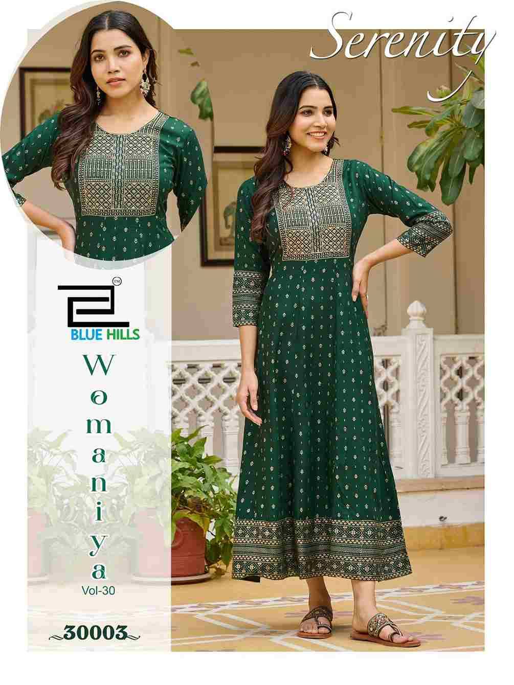 Womaniya Vol-30 By Blue Hills 30001 To 30008 Series Beautiful Stylish Fancy Colorful Casual Wear & Ethnic Wear Rayon Foil Gowns At Wholesale Price