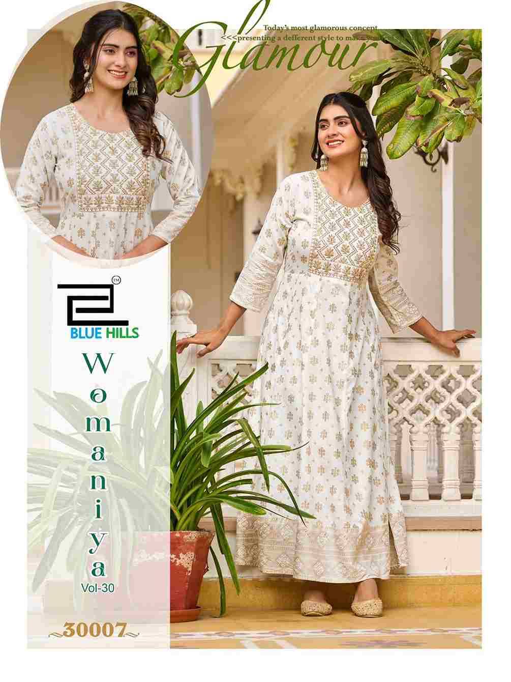 Womaniya Vol-30 By Blue Hills 30001 To 30008 Series Beautiful Stylish Fancy Colorful Casual Wear & Ethnic Wear Rayon Foil Gowns At Wholesale Price