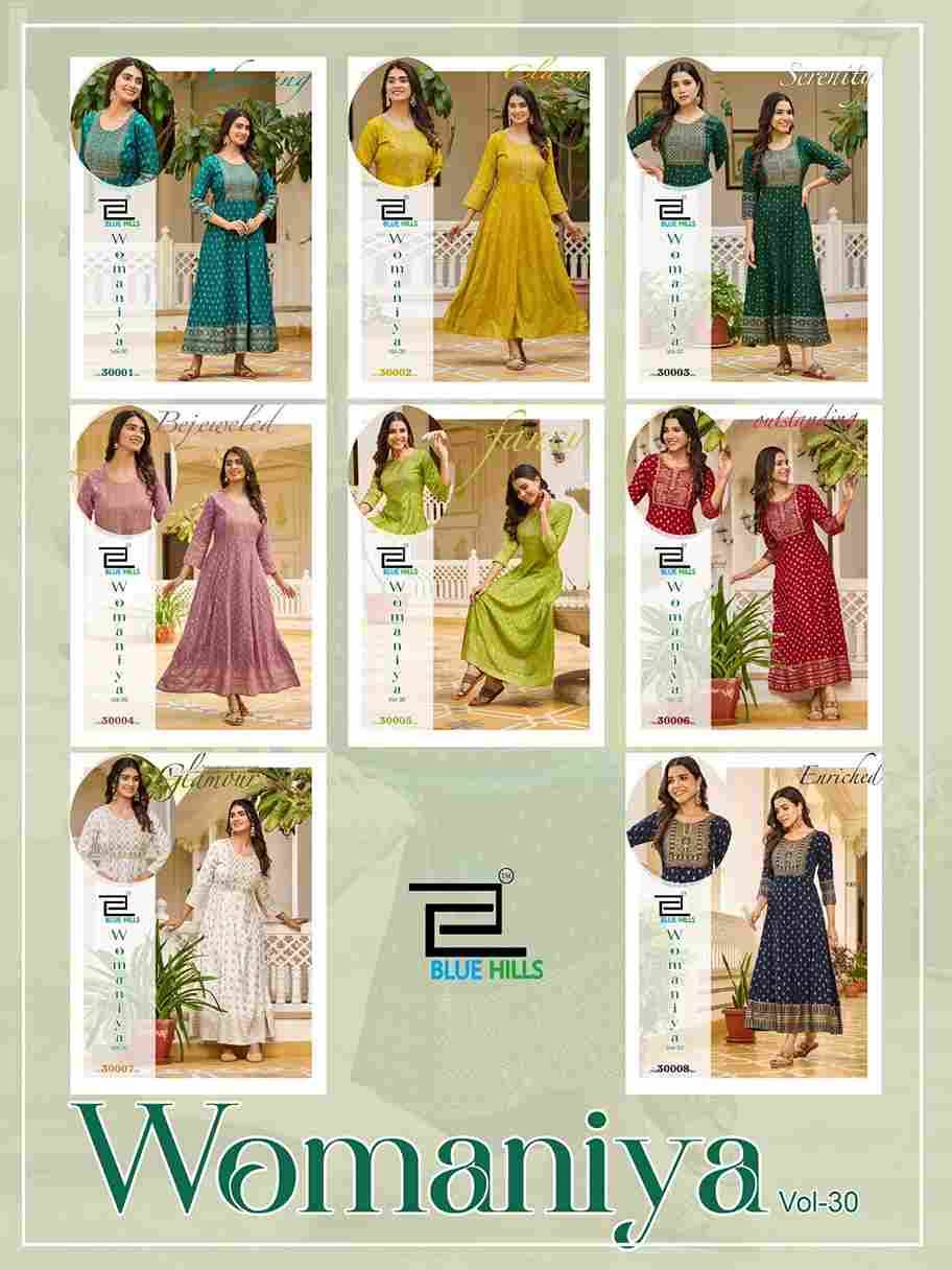 Womaniya Vol-30 By Blue Hills 30001 To 30008 Series Beautiful Stylish Fancy Colorful Casual Wear & Ethnic Wear Rayon Foil Gowns At Wholesale Price