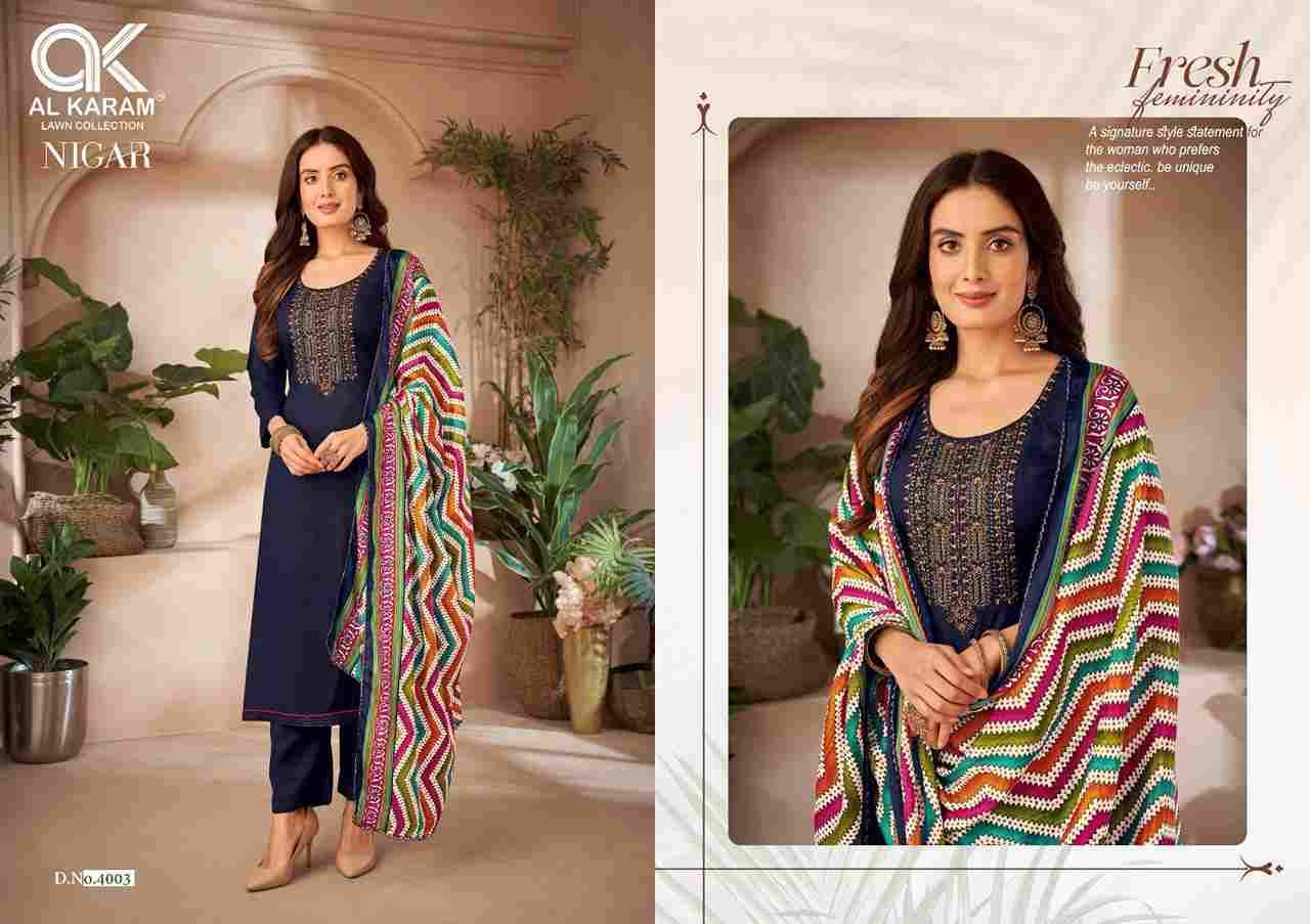 Nigar Vol-4 By Al Karam Lawn Collection 4001 To 4006 Series Beautiful Festive Suits Stylish Fancy Colorful Casual Wear & Ethnic Wear Heavy Rayon Slub Print Dresses At Wholesale Price