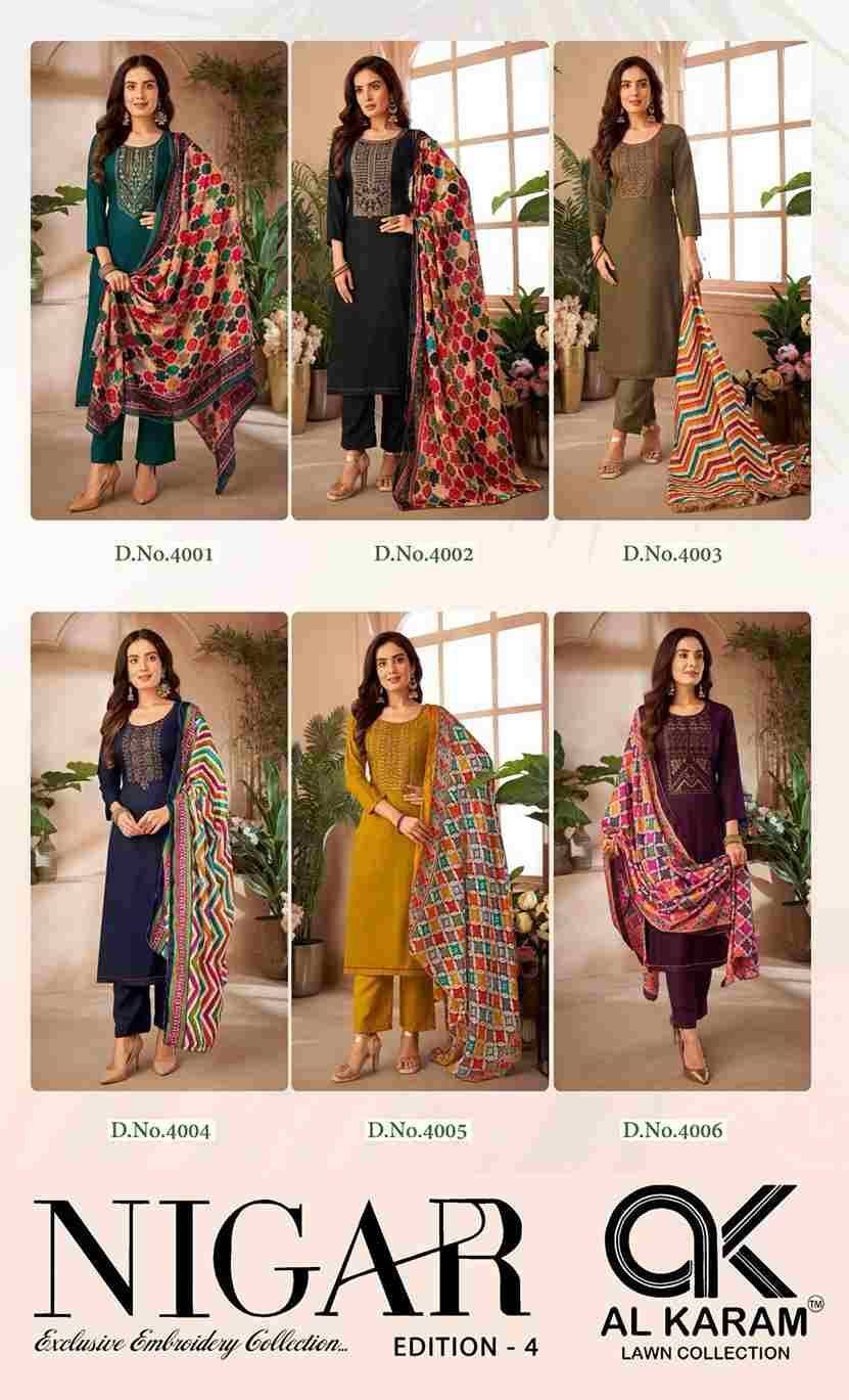 Nigar Vol-4 By Al Karam Lawn Collection 4001 To 4006 Series Beautiful Festive Suits Stylish Fancy Colorful Casual Wear & Ethnic Wear Heavy Rayon Slub Print Dresses At Wholesale Price