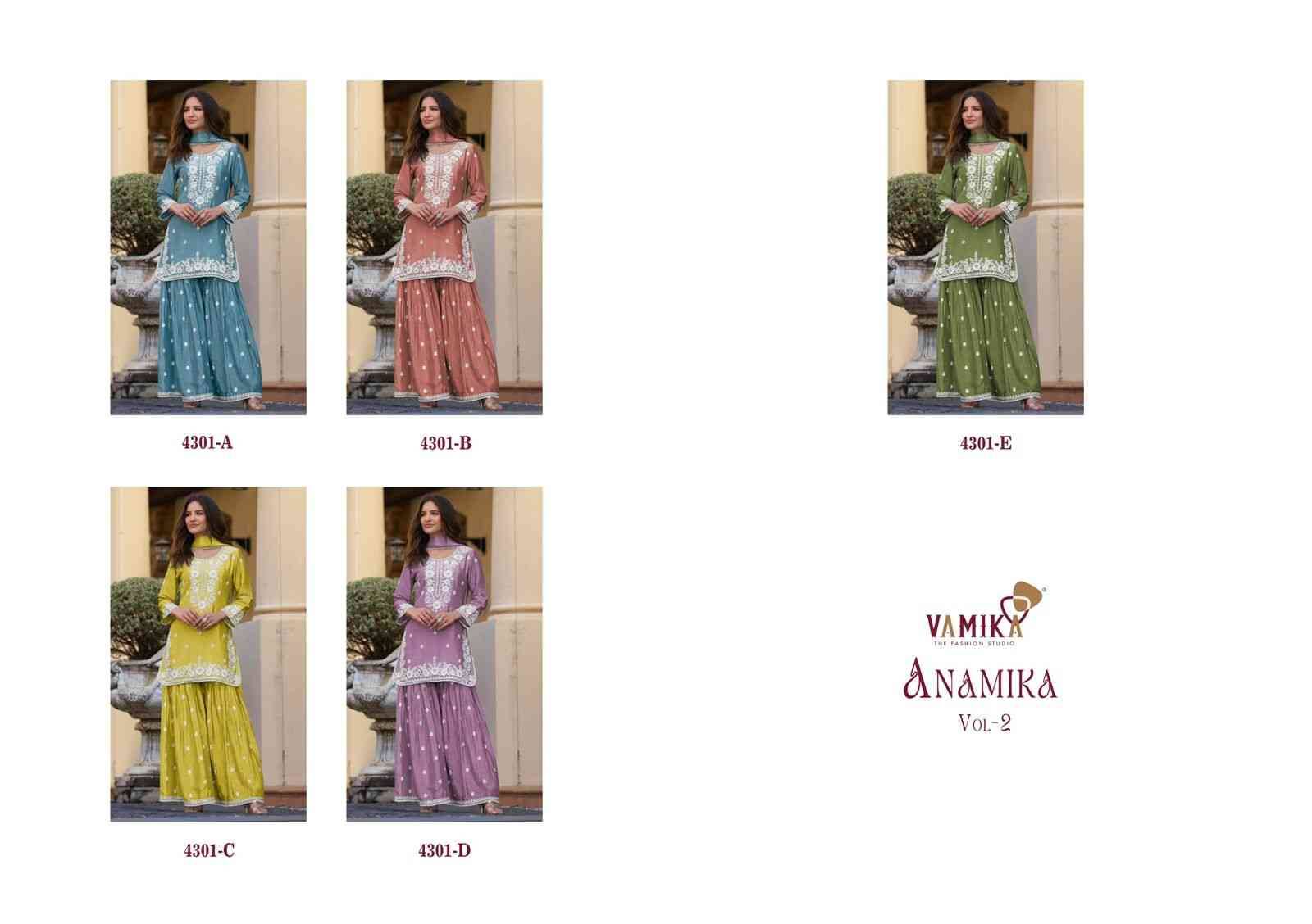 Anamika Vol-2 By Vamika 4301-A To 4301-E Series Designer Sharara Stylish Fancy Colorful Beautiful Party Wear & Ethnic Wear Collection Chinnon Dresses At Wholesale Price