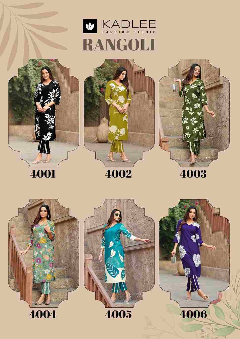 Rangoli By Kadlee 4001 To 4006 Series Designer Stylish Fancy Colorful Beautiful Party Wear & Ethnic Wear Collection Rayon Print Kurtis With Bottom At Wholesale Price