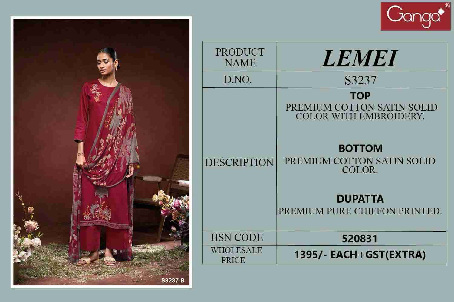 Lemei-3237 By Ganga Fashion 3237-A To 3237-D Series Beautiful Festive Suits Colorful Stylish Fancy Casual Wear & Ethnic Wear Cotton Satin Print Dresses At Wholesale Price