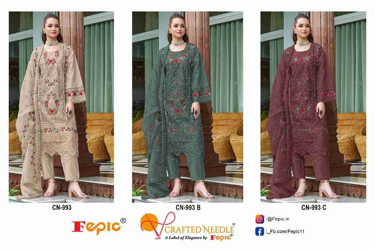 Fepic 993 Colours By Fepic 993-A To 993-C Series Beautiful Pakistani Suits Colorful Stylish Fancy Casual Wear & Ethnic Wear Organza Embroidered Dresses At Wholesale Price