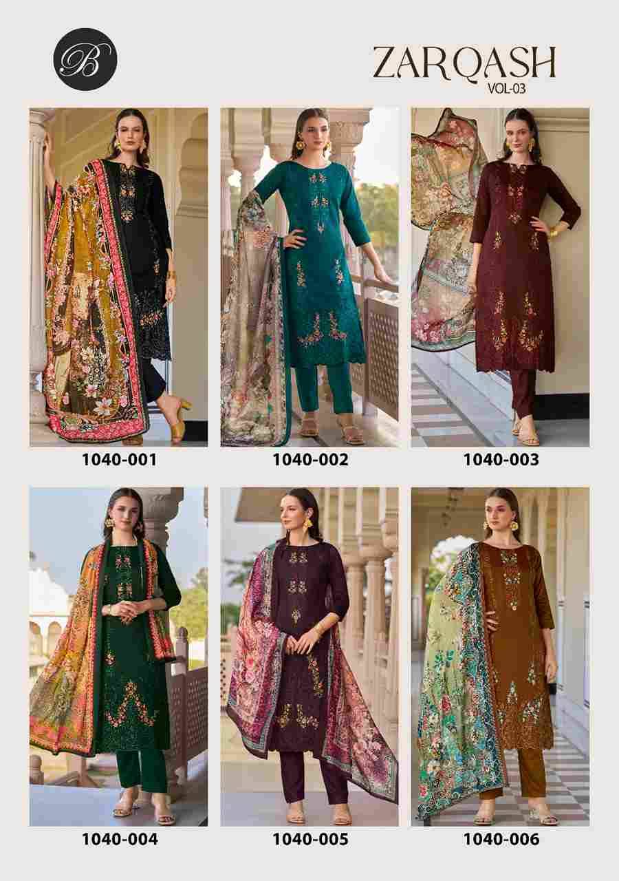 Zarqash Vol-3 By Belliza 1040-001 To 1040-006 Series Beautiful Festive Suits Stylish Fancy Colorful Casual Wear & Ethnic Wear Pure Jam Print Dresses At Wholesale Price