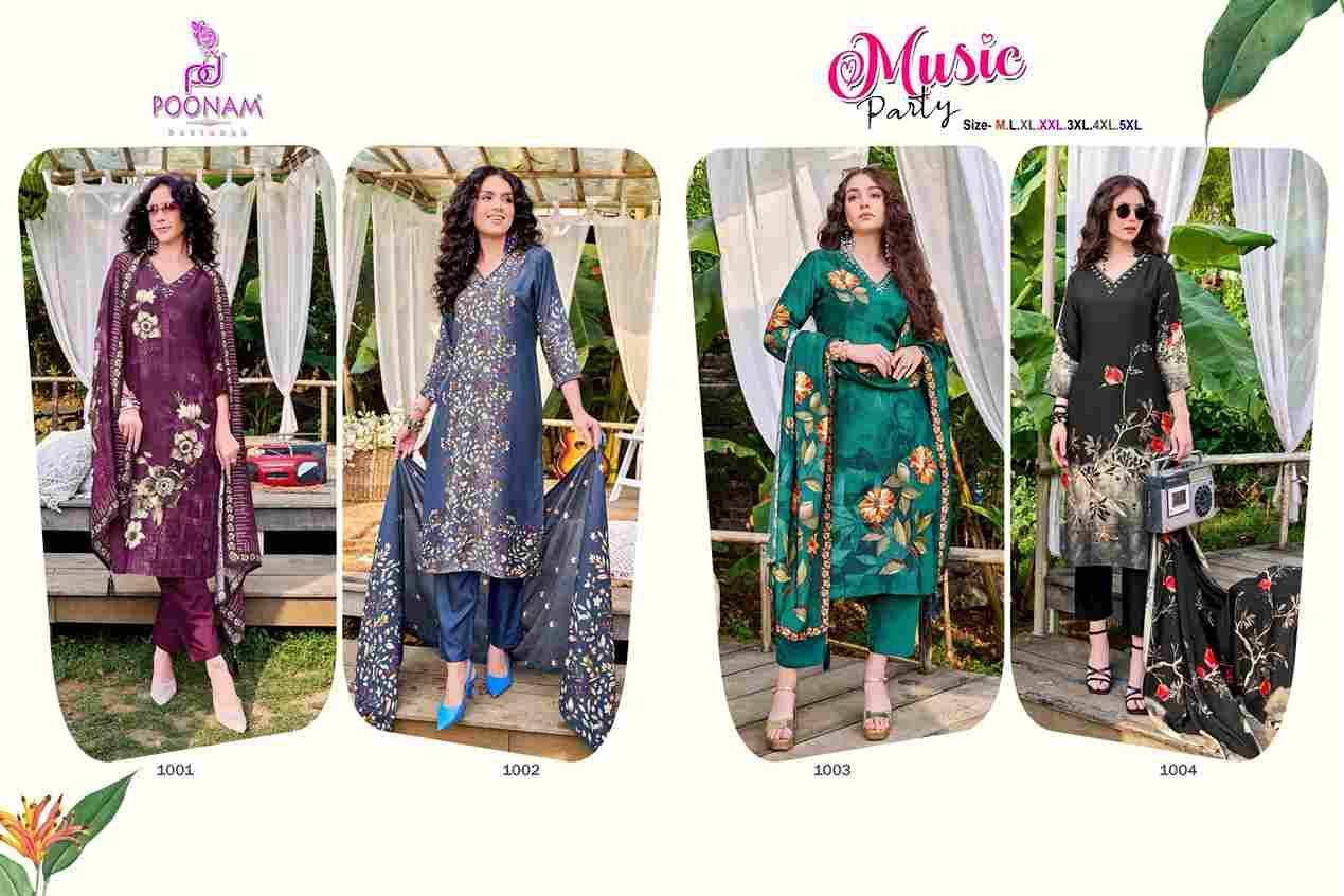 Music Party By Poonam Designer 1001 To 1004 Series Suits Beautiful Fancy Colorful Stylish Party Wear & Occasional Wear Pure Muslin Dresses At Wholesale Price