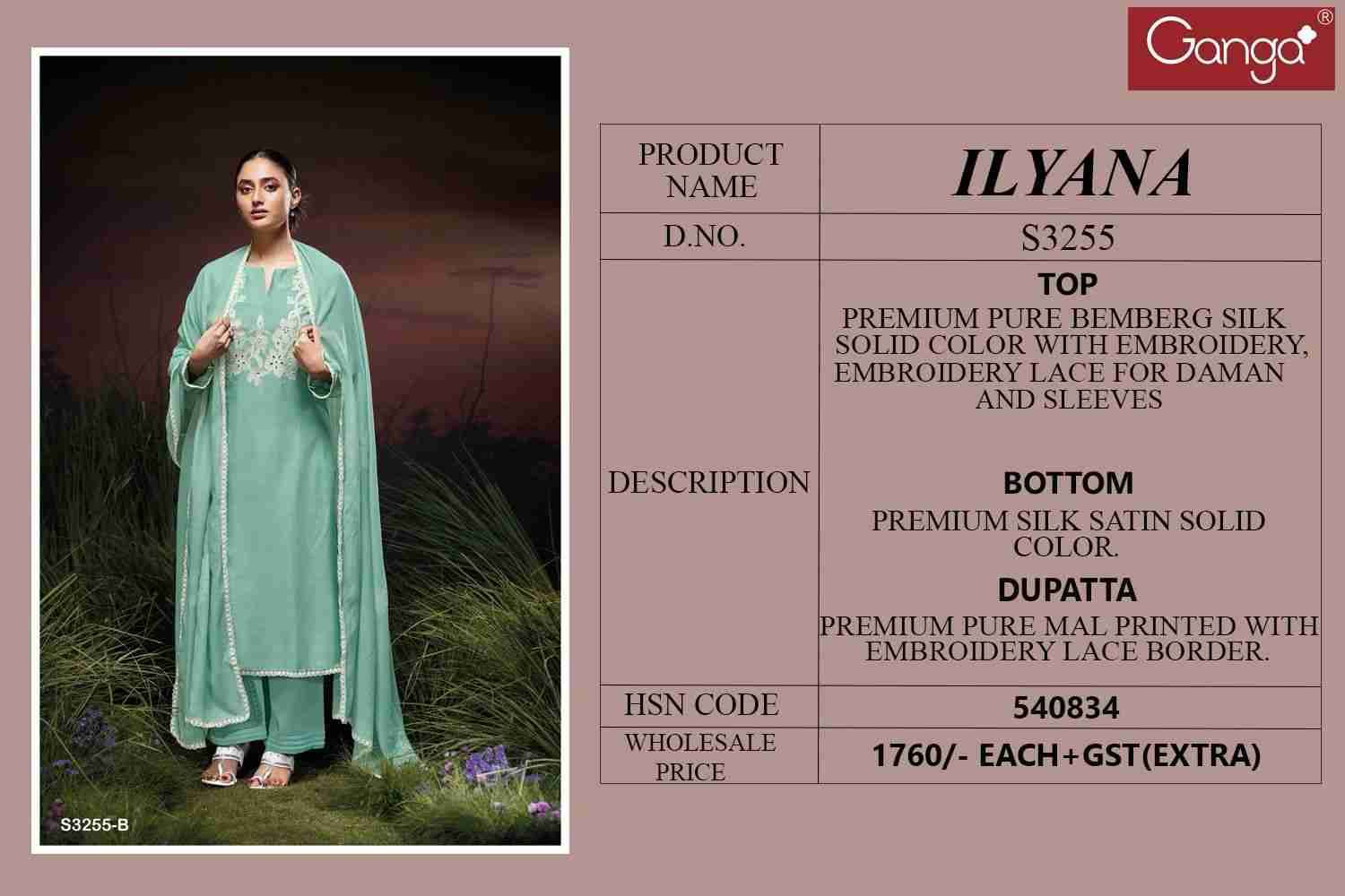 Ilyana-3255 By Ganga Fashion 3255-A To 3255-D Series Beautiful Festive Suits Colorful Stylish Fancy Casual Wear & Ethnic Wear Bemberg Silk Print Dresses At Wholesale Price