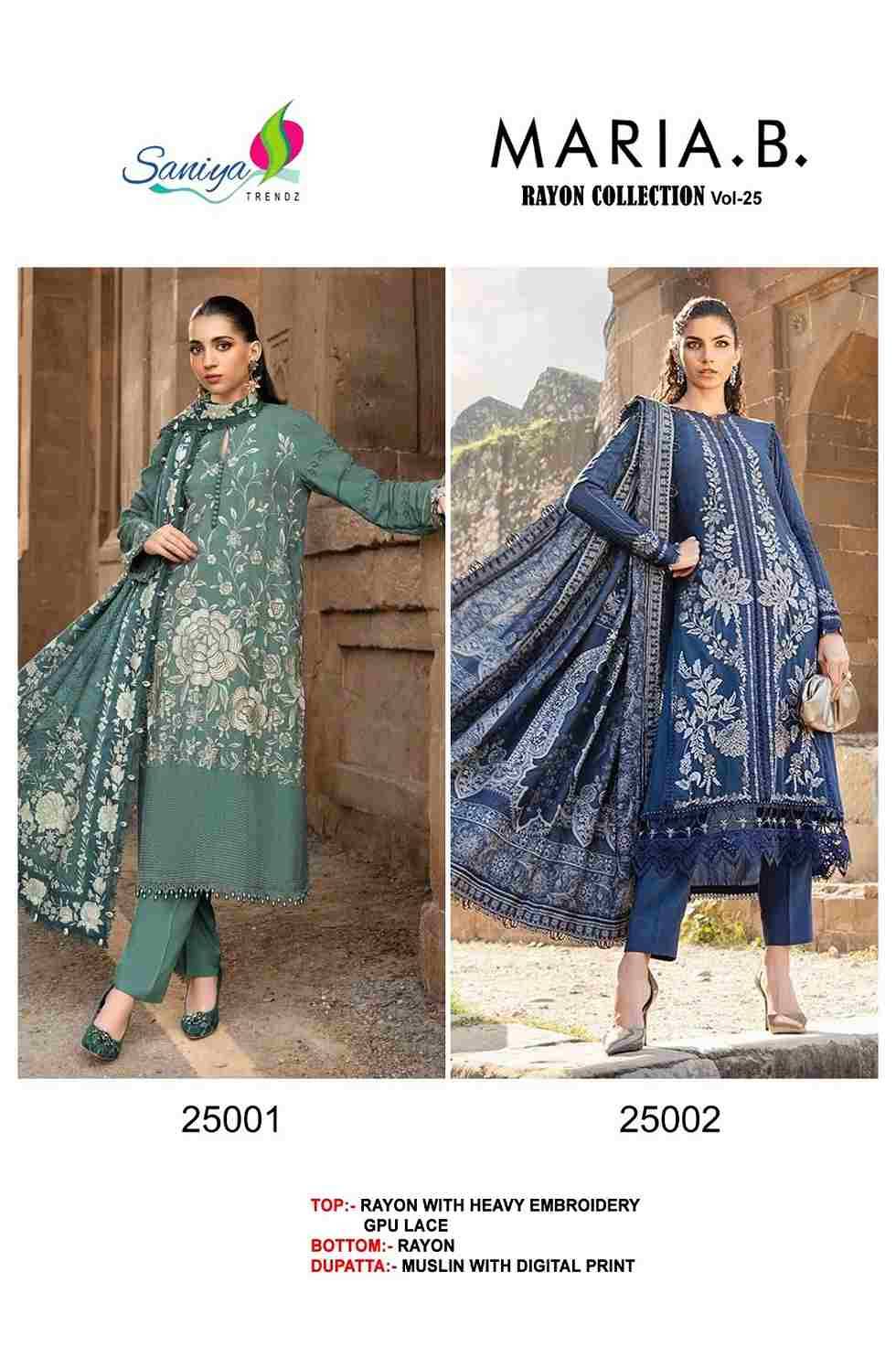 Maria.B.Rayon Collection Vol-25 By Saniya Trendz 25001 To 25002 Series Beautiful Pakistani Suits Colorful Stylish Fancy Casual Wear & Ethnic Wear Rayon Embroidered Dresses At Wholesale Price