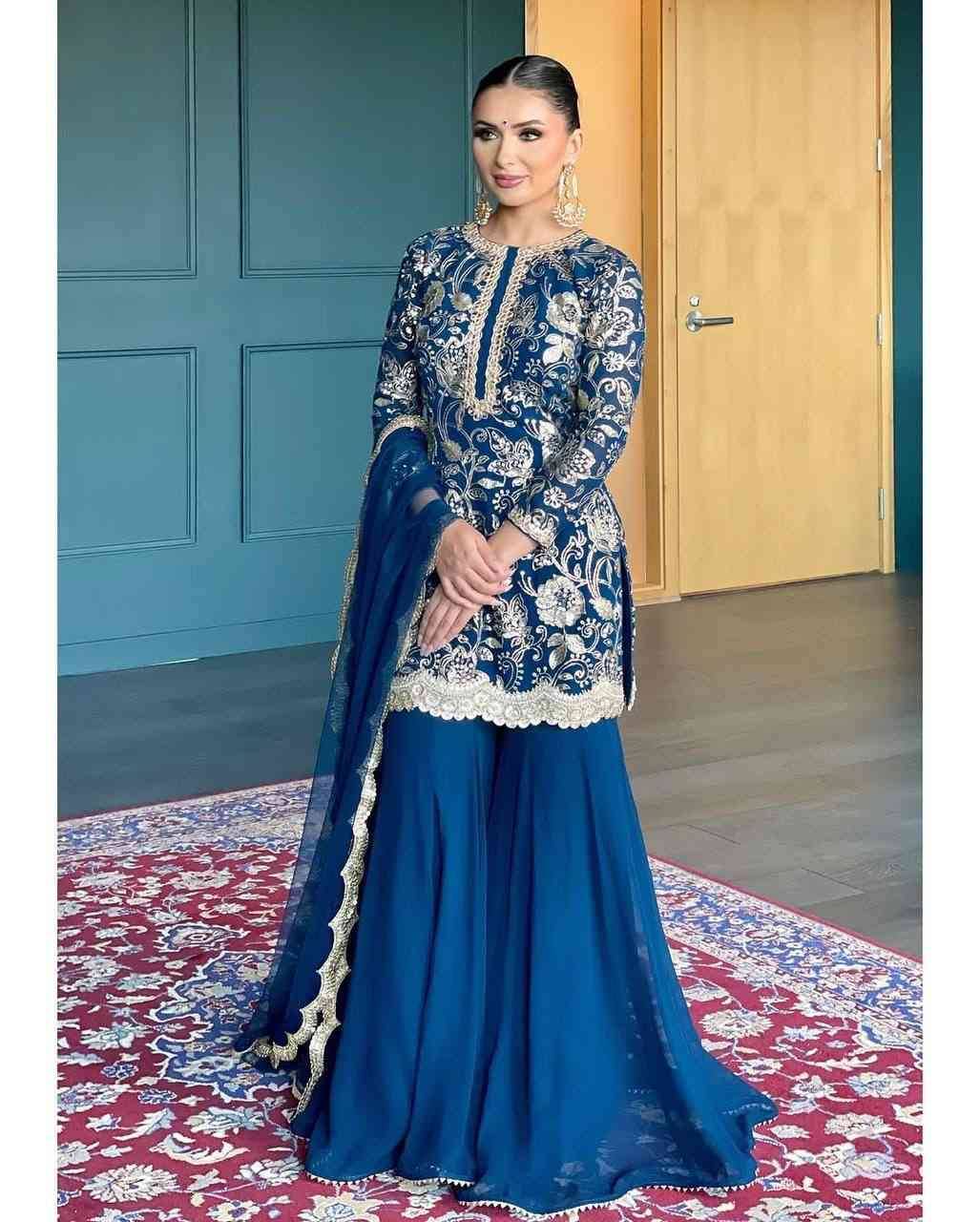 R-5834 By Fashid Wholesale Sharara Beautiful Stylish Fancy Colorful Casual Wear & Ethnic Wear Faux Georgette Dresses With Bottom At Wholesale Price