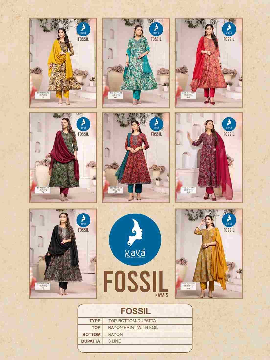 Fossil By Kaya 01 To 08 Series Festive Suits Collection Beautiful Stylish Fancy Colorful Party Wear & Occasional Wear Rayon Print Dresses At Wholesale Price