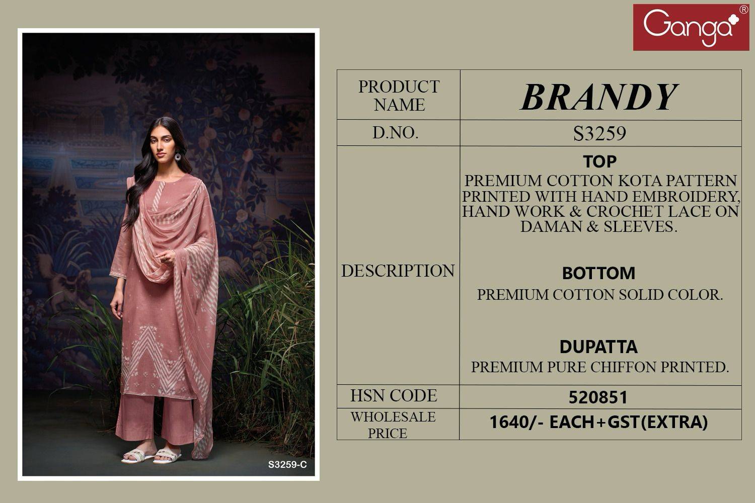 Brandy 3259 By Ganga Fashion 3259-A To 3259-D Series Beautiful Festive Suits Colorful Stylish Fancy Casual Wear & Ethnic Wear Premium Cottton Kota Dresses At Wholesale Price