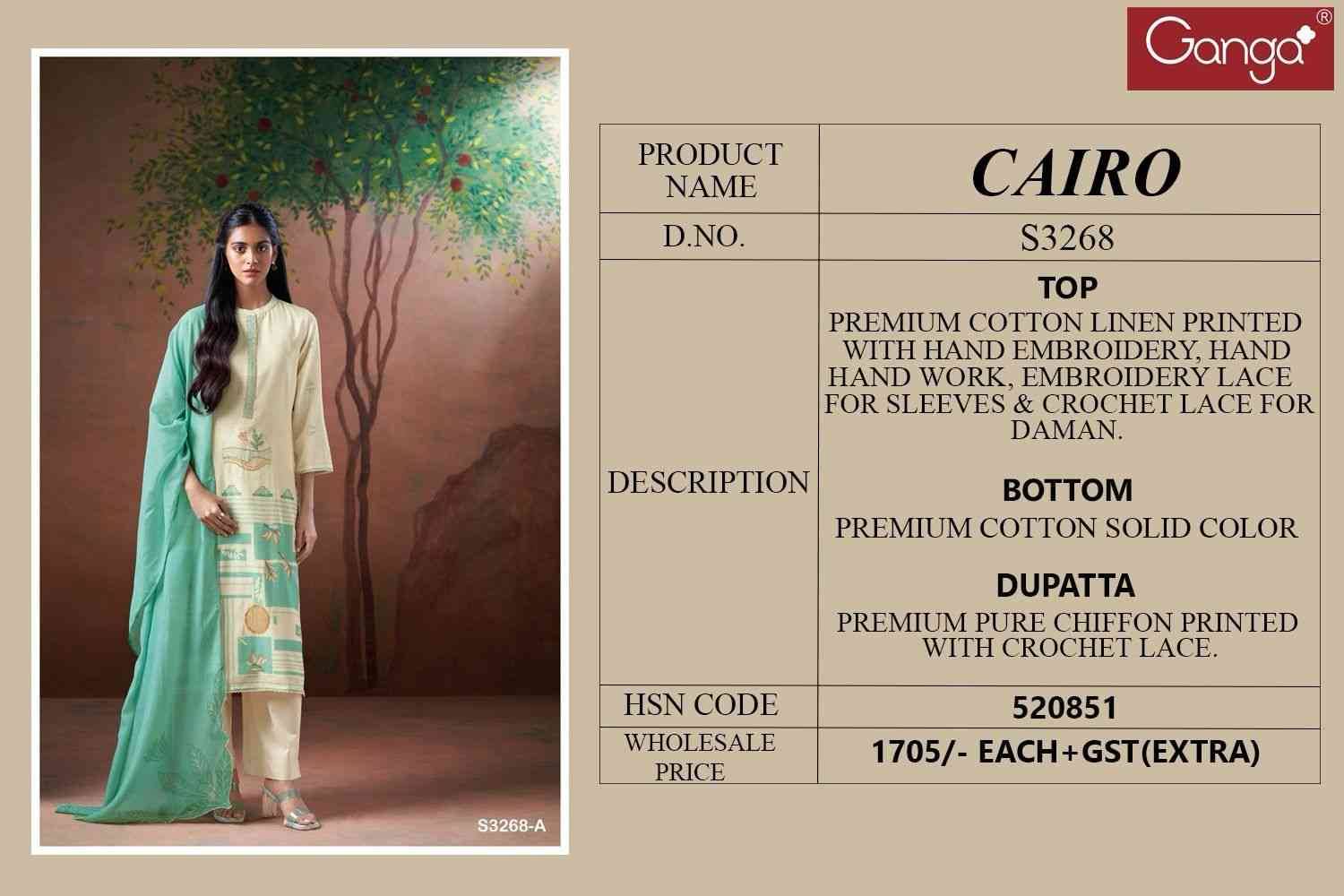 Cairo 3268 By Ganga Fashion 3268-A To 3268-D Series Beautiful Festive Suits Colorful Stylish Fancy Casual Wear & Ethnic Wear Premium Cotton Linen Print Dresses At Wholesale Price