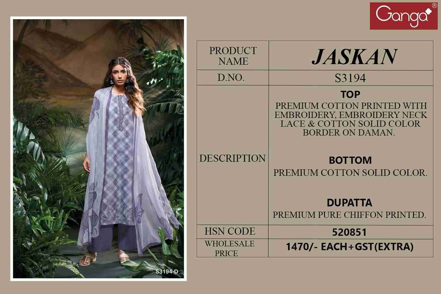 Jaskan 3194 By Ganga Fashion 3194-A To 3194-D Series Beautiful Festive Suits Colorful Stylish Fancy Casual Wear & Ethnic Wear Premium Cotton Printed Dresses At Wholesale Price