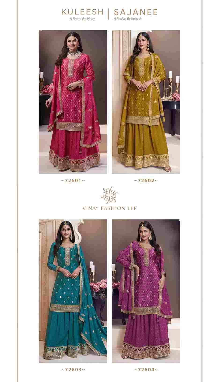 Sajanee By Vinay Fashion 72601 To 72604 Series Designer Festive Suits Collection Beautiful Stylish Fancy Colorful Party Wear & Occasional Wear Embroidered Printed Chinnon Dresses At Wholesale Price