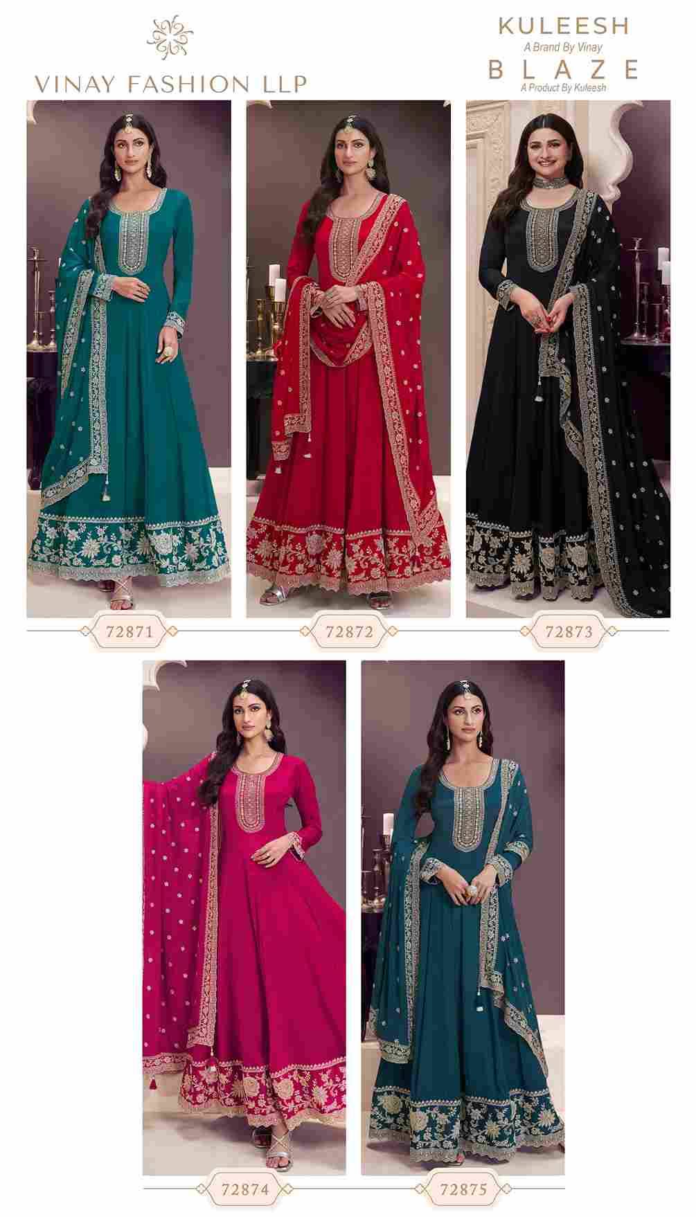 Blaze By Vinay Fashion 72871 To 72875 Series Designer Festive Suits Collection Beautiful Stylish Fancy Colorful Party Wear & Occasional Wear Embroidered Chinnon Dresses At Wholesale Price