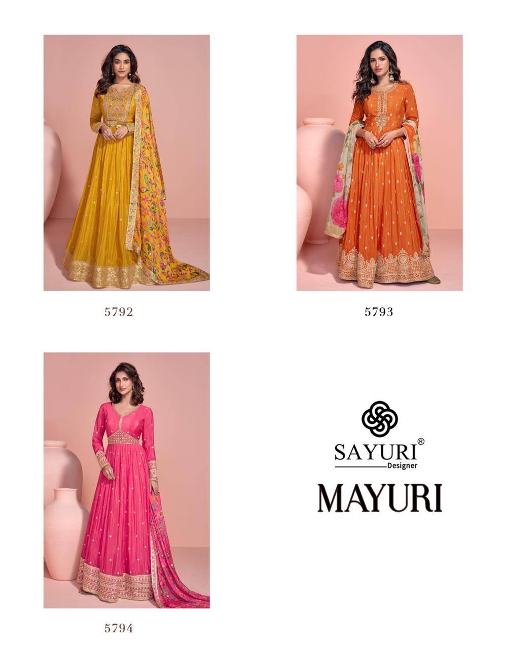 Mayuri By Sayuri 5792 To 5794 Series Designer Festive Suits Beautiful Fancy Colorful Stylish Party Wear & Occasional Wear Real Chinnon Silk Gown At Wholesale Price