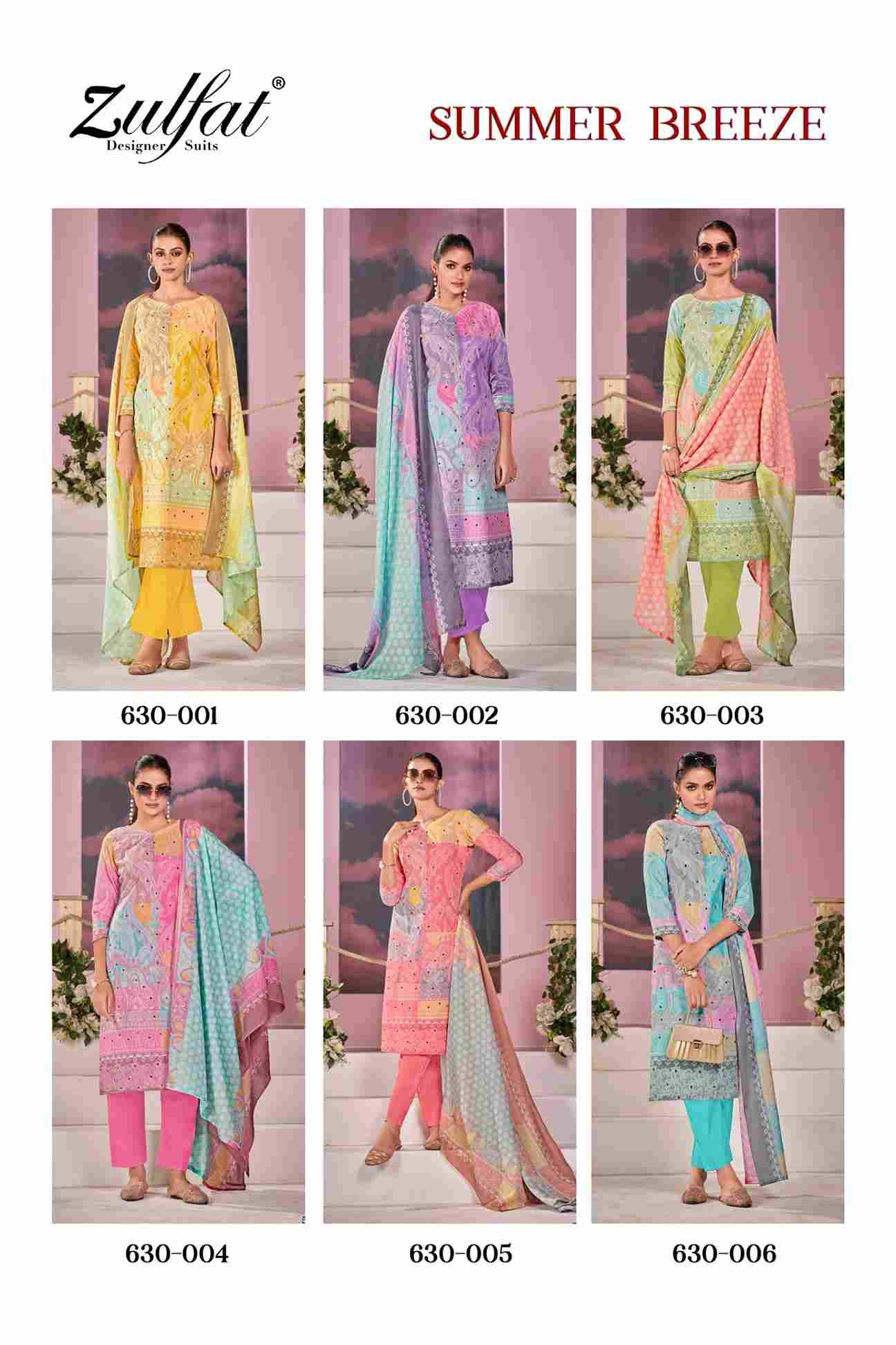 Summer Breeze By Zulfat 630-001 To 630-006 Series Beautiful Festive Suits Stylish Fancy Colorful Casual Wear & Ethnic Wear Pure Cotton Print Dresses At Wholesale Price