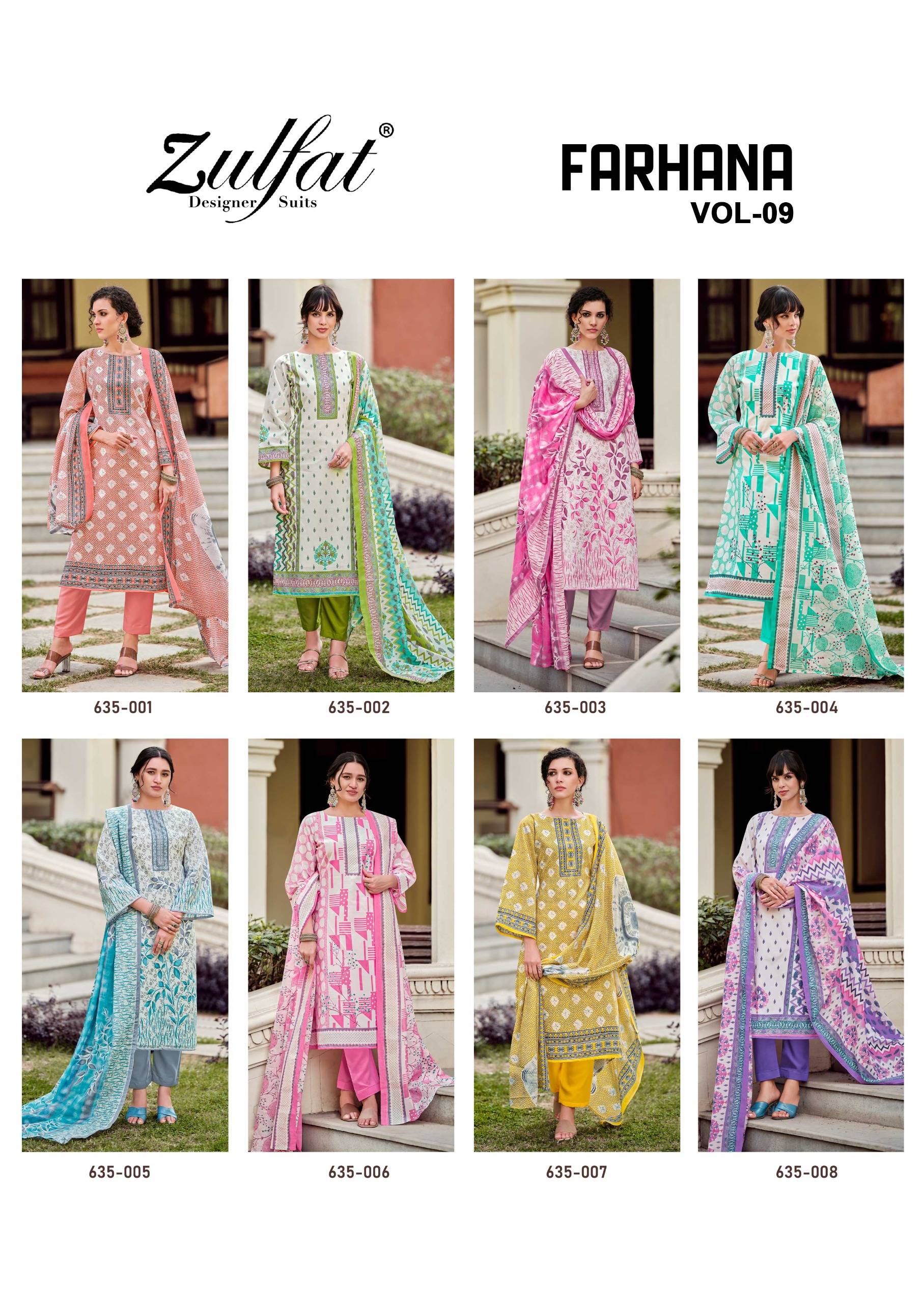 Farhana Vol-9 By Zulfat 635-001 To 635-008 Series Beautiful Festive Suits Stylish Fancy Colorful Casual Wear & Ethnic Wear Pure Cotton Print Dresses At Wholesale Price