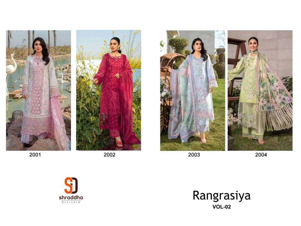 Rangrasiya Vol-2 By Shraddha Designer 2001 To 2004 Series Designer Pakistani Suits Beautiful Stylish Fancy Colorful Party Wear & Occasional Wear Pure Cotton Embroidered Dresses At Wholesale Price