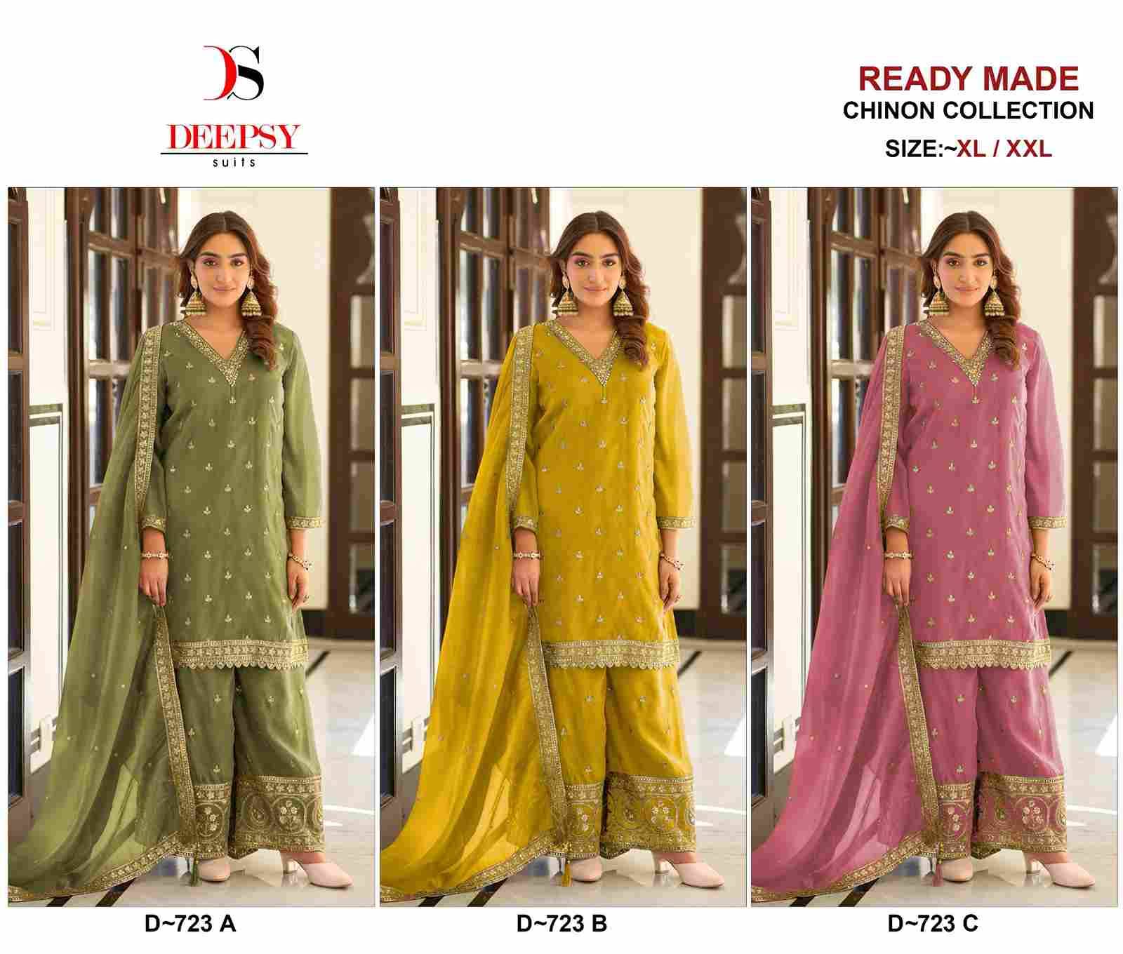 Deepsy Hit Design 723 Colours By Deepsy Suits 723-A To 723-C Series Beautiful Pakistani Suits Colorful Stylish Fancy Casual Wear & Ethnic Wear Pure Simar Silk With Embroidered Dresses At Wholesale Price