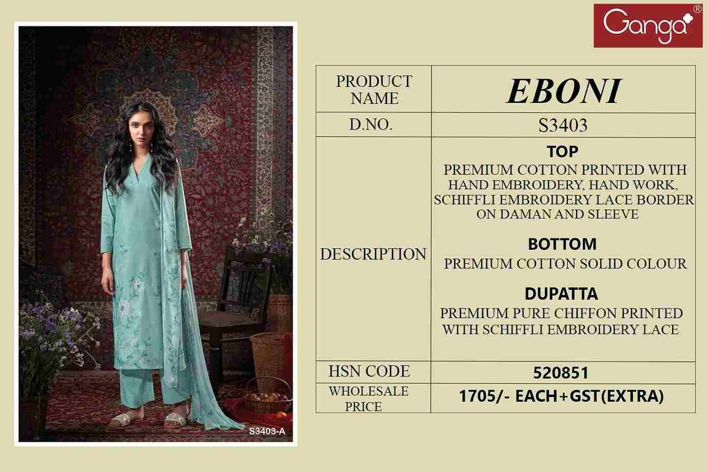 Eboni-3403 By Ganga Fashion 3403-A To 3403-D Series Beautiful Festive Suits Colorful Stylish Fancy Casual Wear & Ethnic Wear Pure Cotton Dresses At Wholesale Price