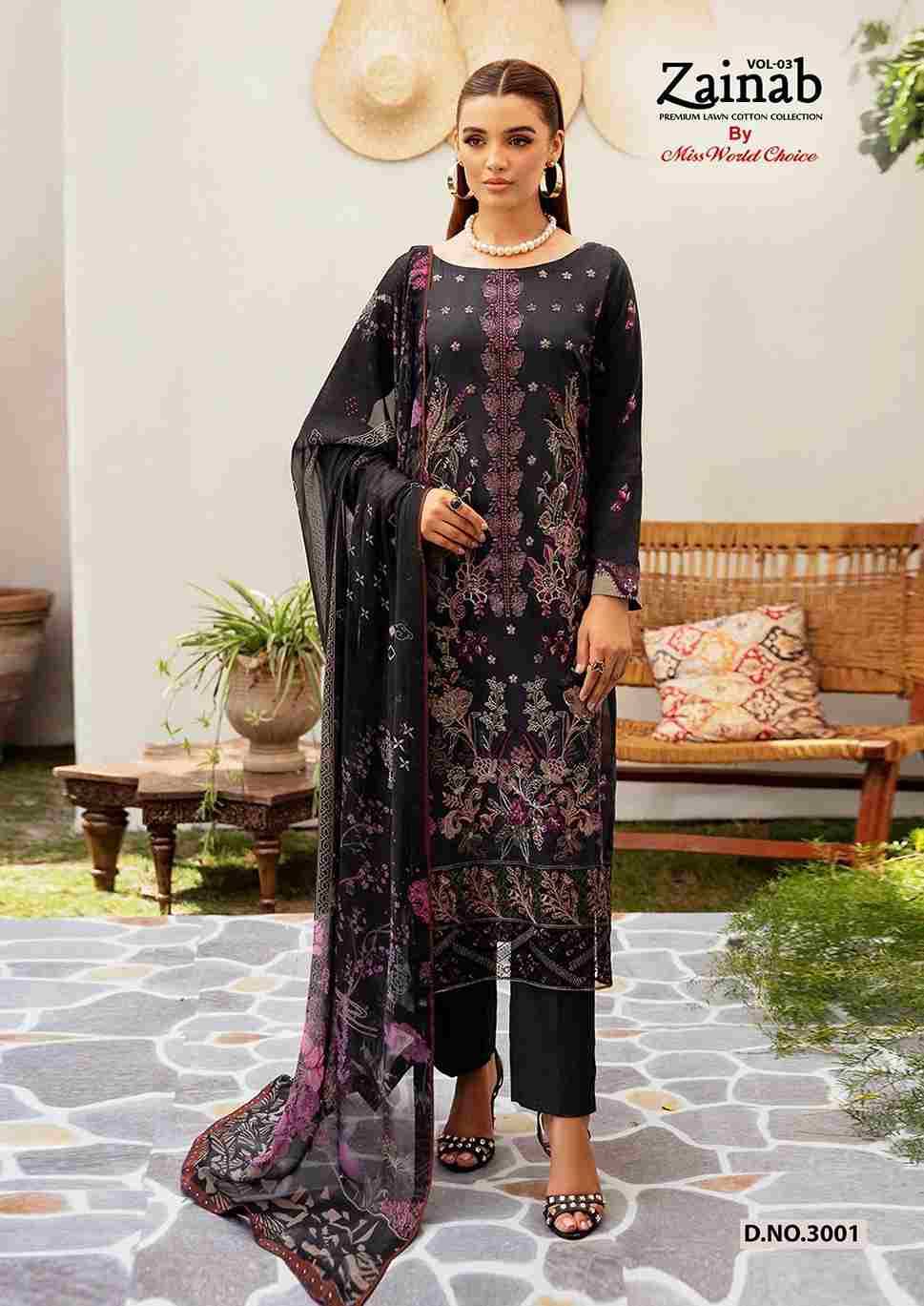 Zainab Vol-3 By Miss World Choice 3001 To 3006 Series Beautiful Festive Suits Colorful Stylish Fancy Casual Wear & Ethnic Wear Lawn Cotton Embroidered Dresses At Wholesale Price