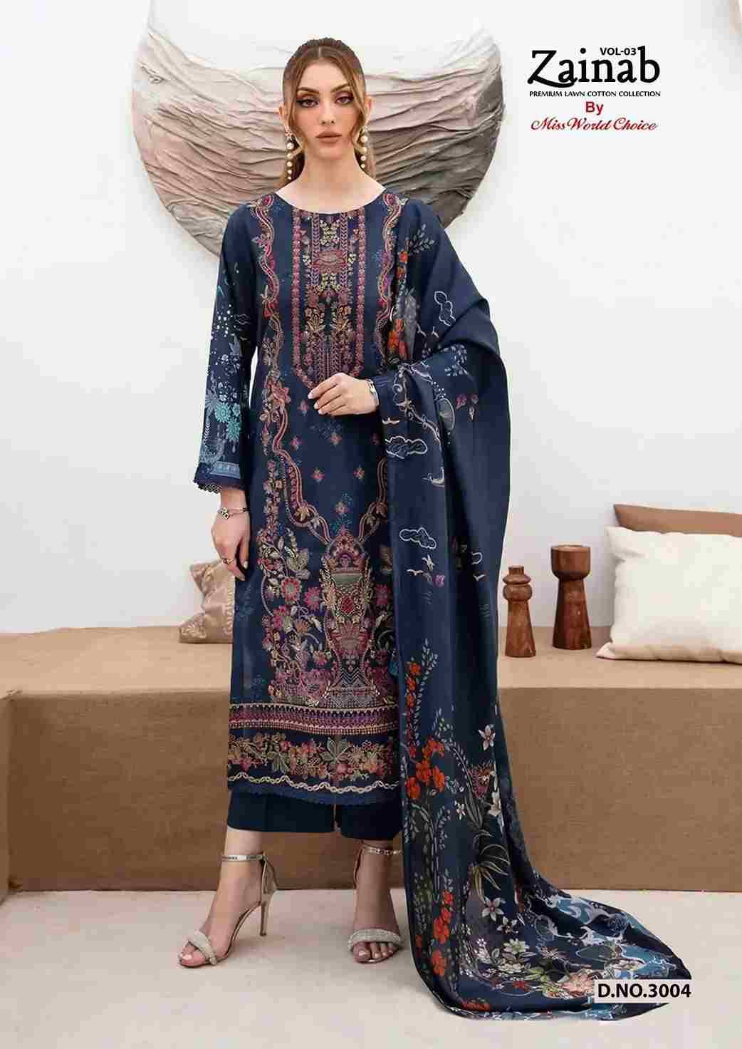 Zainab Vol-3 By Miss World Choice 3001 To 3006 Series Beautiful Festive Suits Colorful Stylish Fancy Casual Wear & Ethnic Wear Lawn Cotton Embroidered Dresses At Wholesale Price