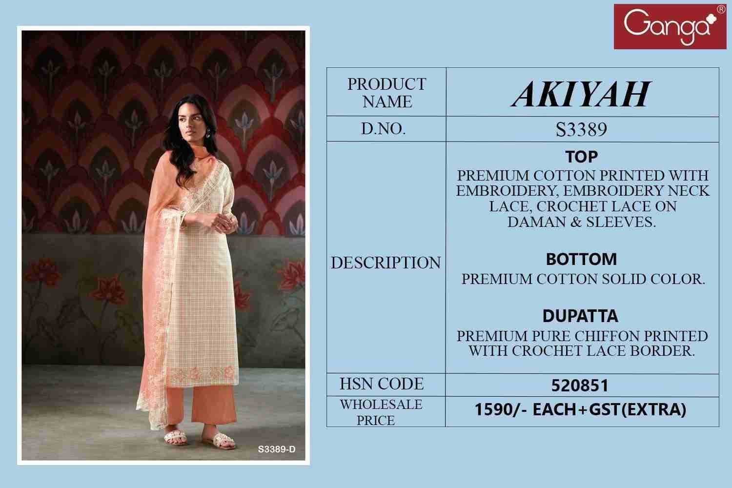Akiyah-3389 By Ganga Fashion 3389-A To 3389-D Series Beautiful Festive Suits Colorful Stylish Fancy Casual Wear & Ethnic Wear Pure Cotton Print Dresses At Wholesale Price