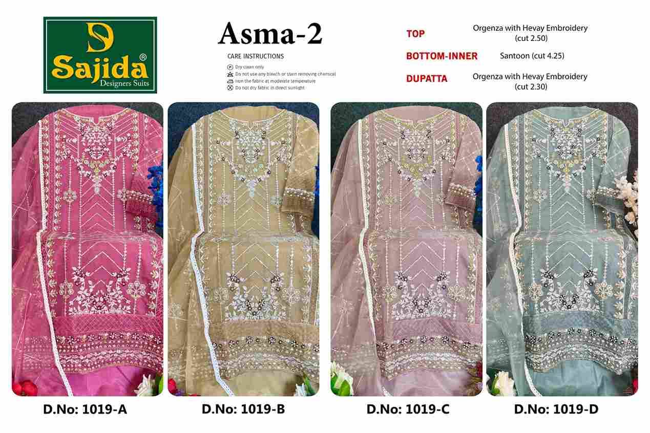 Asma Vol-2 By Sajida Designer Suits 1019-A To 1019-D Series Beautiful Pakistani Suits Colorful Stylish Fancy Casual Wear & Ethnic Wear Organza Embroidered Dresses At Wholesale Price