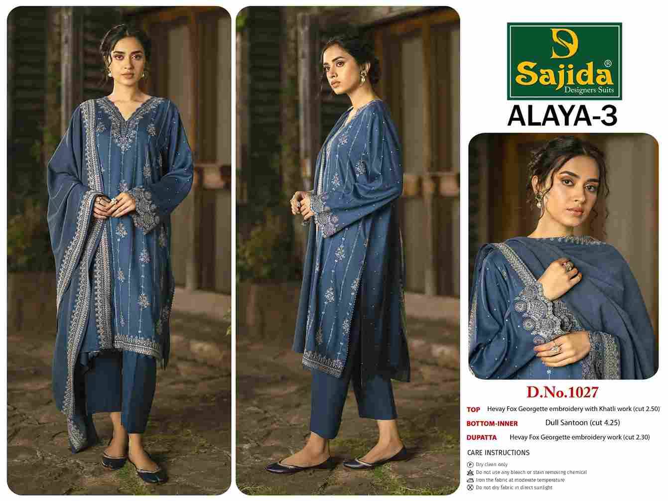 Alaya Vol-3 By Sajida Designer Suits 1027 To 1029 Series Beautiful Pakistani Suits Colorful Stylish Fancy Casual Wear & Ethnic Wear Faux Georgette Embroidered Dresses At Wholesale Price