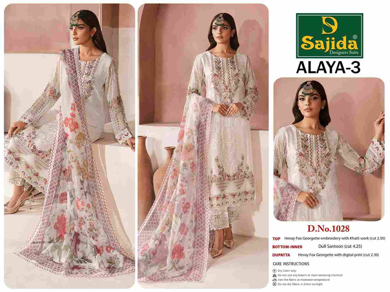 Alaya Vol-3 By Sajida Designer Suits 1027 To 1029 Series Beautiful Pakistani Suits Colorful Stylish Fancy Casual Wear & Ethnic Wear Faux Georgette Embroidered Dresses At Wholesale Price