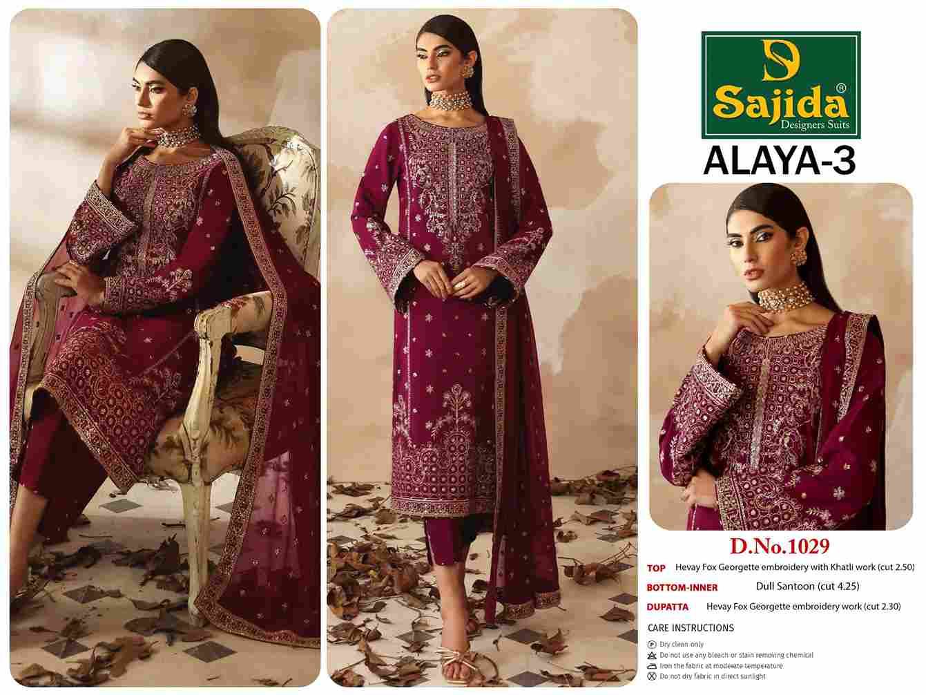 Alaya Vol-3 By Sajida Designer Suits 1027 To 1029 Series Beautiful Pakistani Suits Colorful Stylish Fancy Casual Wear & Ethnic Wear Faux Georgette Embroidered Dresses At Wholesale Price