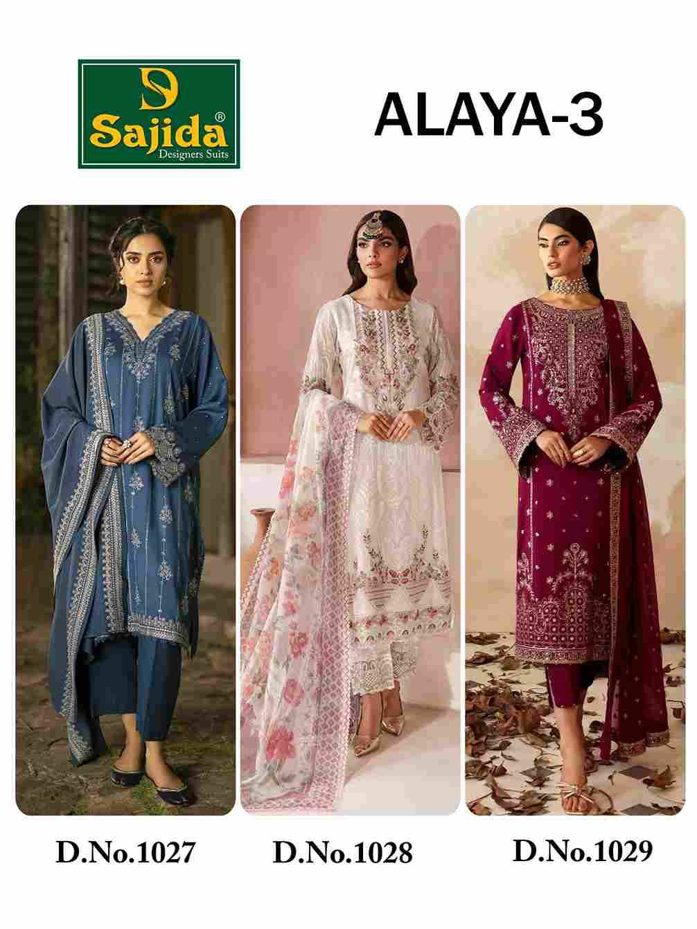 Alaya Vol-3 By Sajida Designer Suits 1027 To 1029 Series Beautiful Pakistani Suits Colorful Stylish Fancy Casual Wear & Ethnic Wear Faux Georgette Embroidered Dresses At Wholesale Price