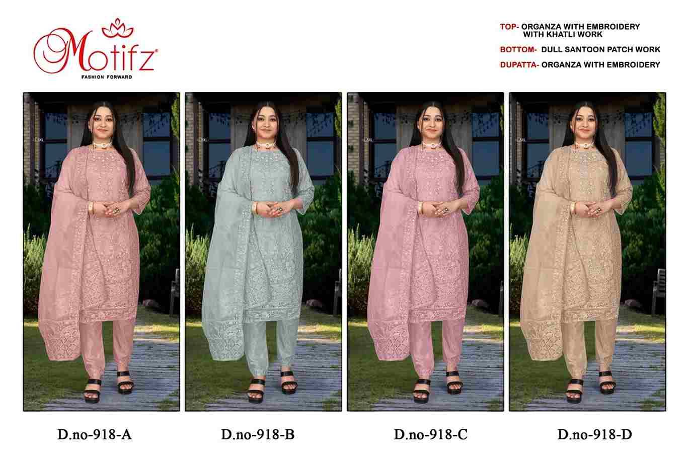 Motifz Hit Design 918 Colours By Motifz 918-A To 918-D Series Beautiful Pakistani Suits Colorful Stylish Fancy Casual Wear & Ethnic Wear Organza Dresses At Wholesale Price