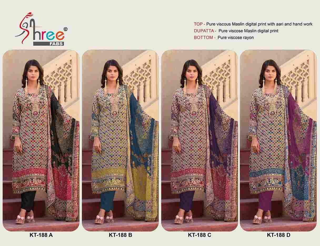 Shree Fabs Hit Design KT-188 Colours By Shree Fabs KT-188-A To KT-188-D Series Designer Pakistani Suits Beautiful Fancy Stylish Colorful Party Wear & Occasional Wear Pure Viscose Muslin Embroidery Dresses At Wholesale Price