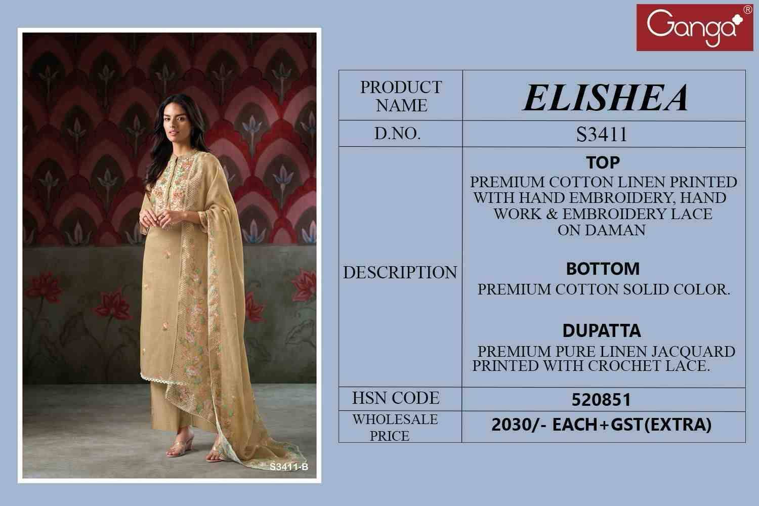 Elishea-3411 By Ganga Fashion 3411-A To 3411-D Series Beautiful Festive Suits Colorful Stylish Fancy Casual Wear & Ethnic Wear Pure Linen Cotton Dresses At Wholesale Price