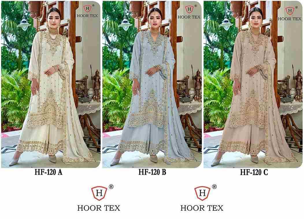 Hoor Tex Hit Design HF-120 Colours By Hoor Tex HF-120-A To HF-120-C Series Designer Festive Pakistani Suits Collection Beautiful Stylish Fancy Colorful Party Wear & Occasional Wear Heavy Chinnon Embroidered Dresses At Wholesale Price
