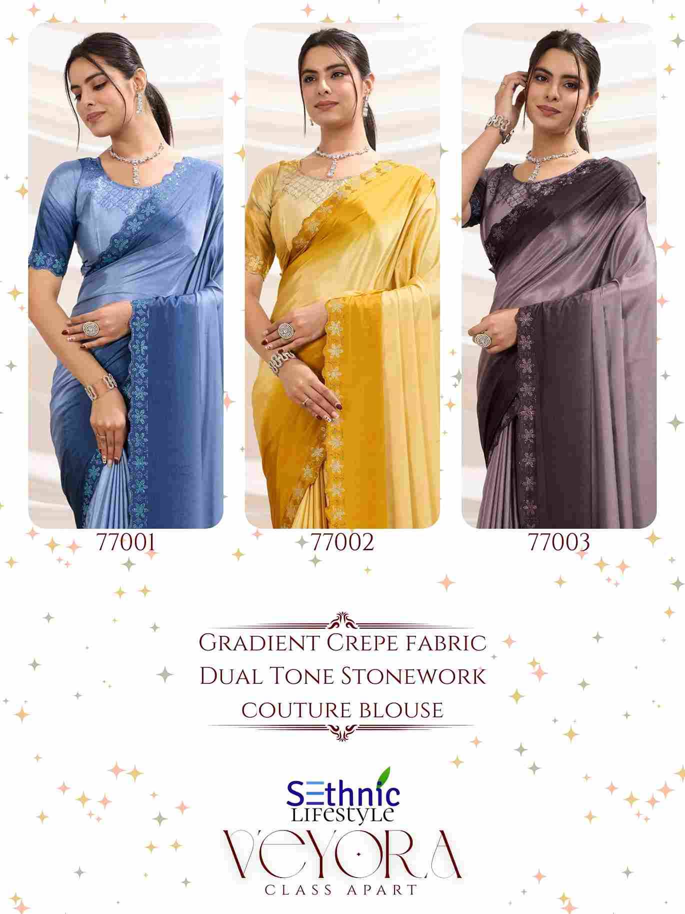 Veyora By Sethnic 77001 To 77003 Series Indian Traditional Wear Collection Beautiful Stylish Fancy Colorful Party Wear & Occasional Wear Crepe Sarees At Wholesale Price